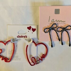 Bow earrings and red hoops